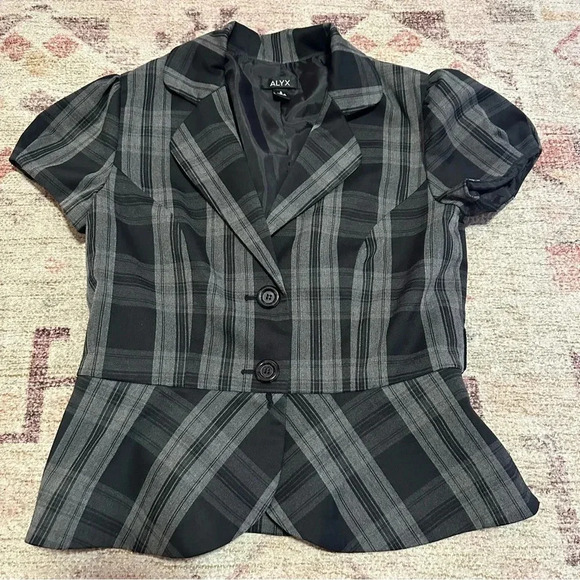 Grey plaid peplum blazer with puffy sleeves size 6 - Picture 3 of 12